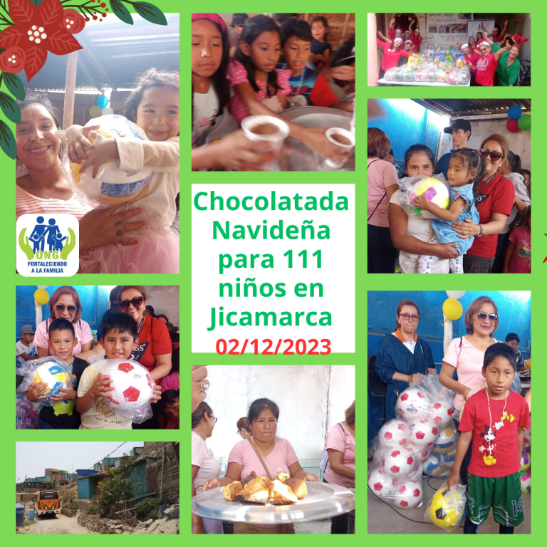 Lee más sobre el artículo 1ra. Chocolatada Navideña con panetones, entrega de rosarios y pelotas para 111 niños de la Olla Común Madres Emprendedoras – JICAMARCA (02/12/2023)