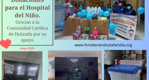 Donación de la Comunidad Católica de Holanda de dos televisores, dos racks, cuatro cajas organizadoras y peluches para los niños internados en el Hospital del Niño (09/05/2025)